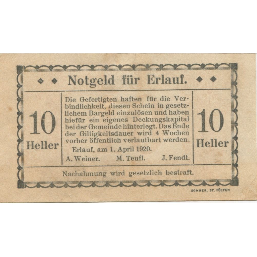Billete, Austria, Erlauf, 10 Heller, Texte, 1920, EBC, Mehl:FS 182b