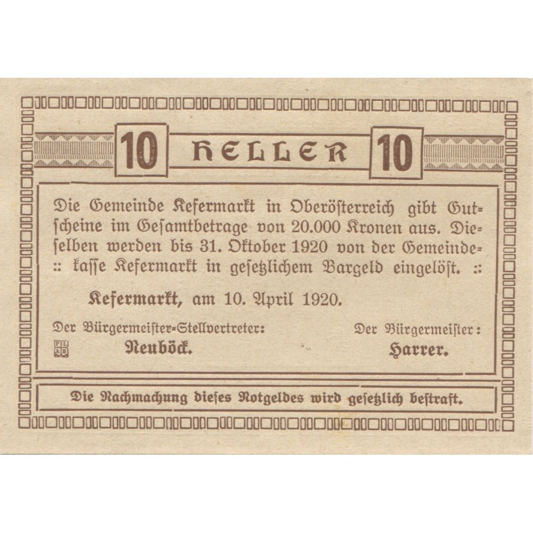 Billete, Austria, Refermartt, 10 Heller, paysage, 1921, SC, Mehl:FS 692V