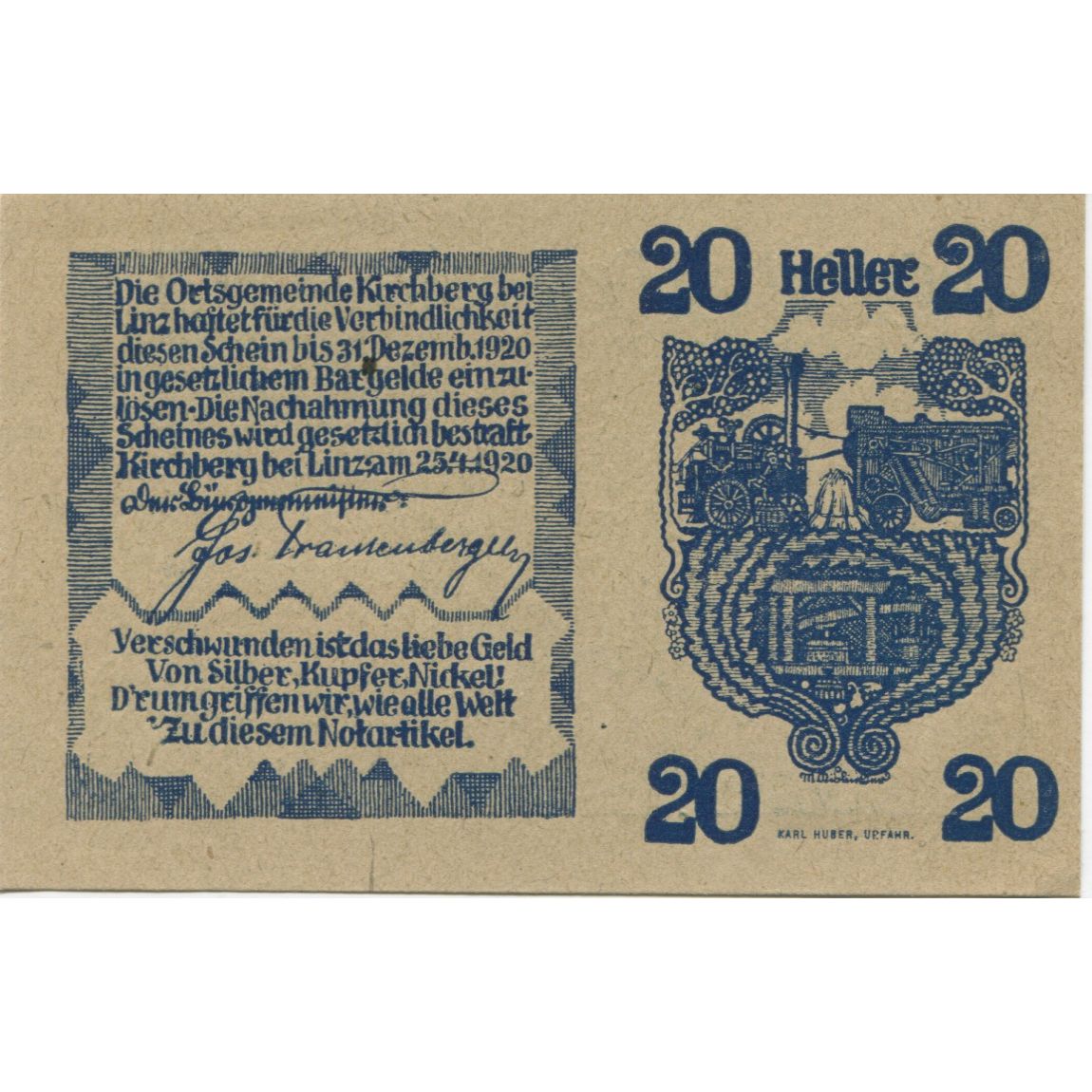 Billete, Austria, Kirchberg, 20 Heller, Eglise 1920-12-31, SC, Mehl:FS 443a