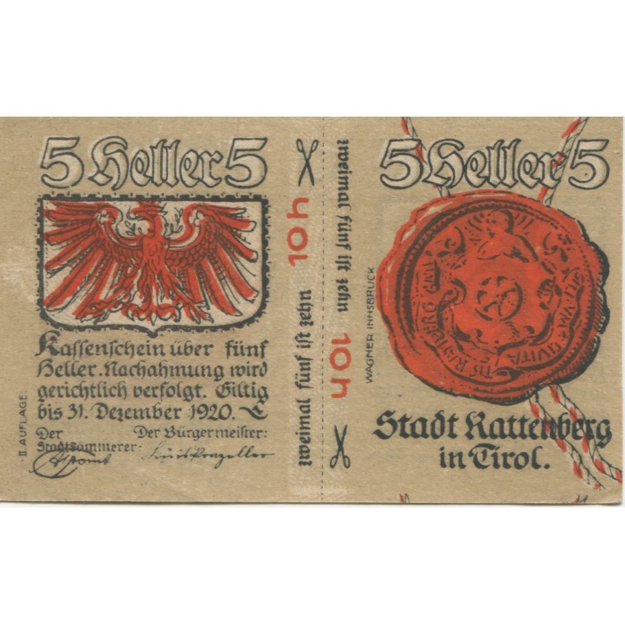 Billete, Austria, Rattenberg, 5 Heller, Blason 1920-12-31, SC, Mehl:FS 821
