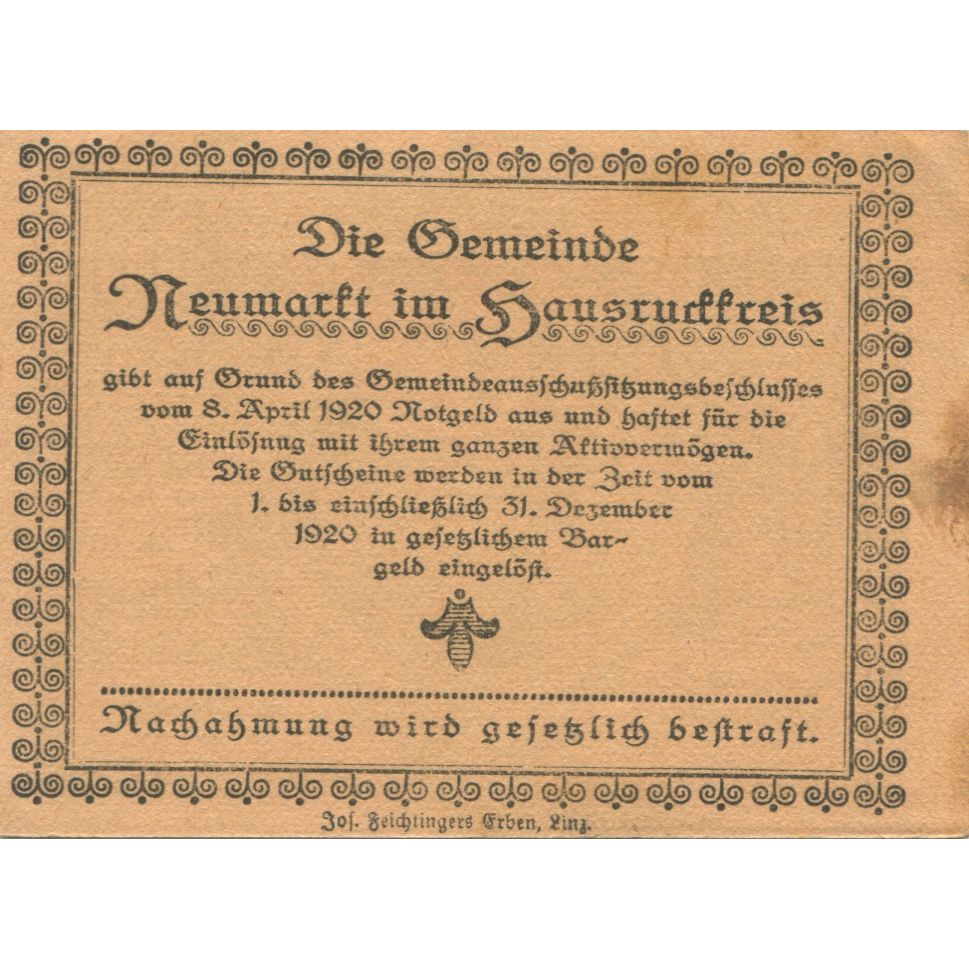 Billete, Austria, Neumarkt, 10 Heller, château 1921-03-31, SC, Mehl:FS 661a