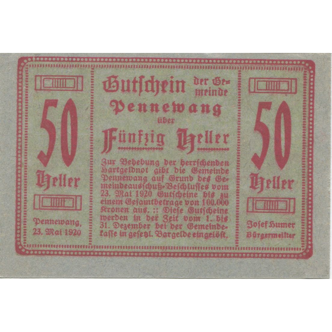 Billete, Austria, Pennewang, 50 Heller, Fleur 1920-12-31, SC Mehl:FS 727a