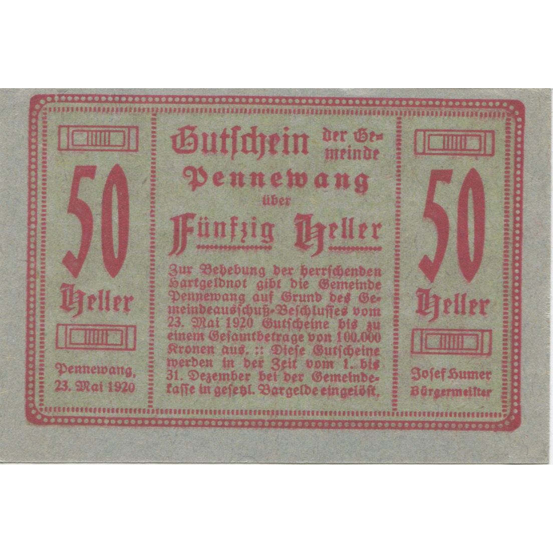 Banknote, Austria, Pennewang, 50 Heller, Fleur, 1920 UNC(63) Mehl:FS 727a