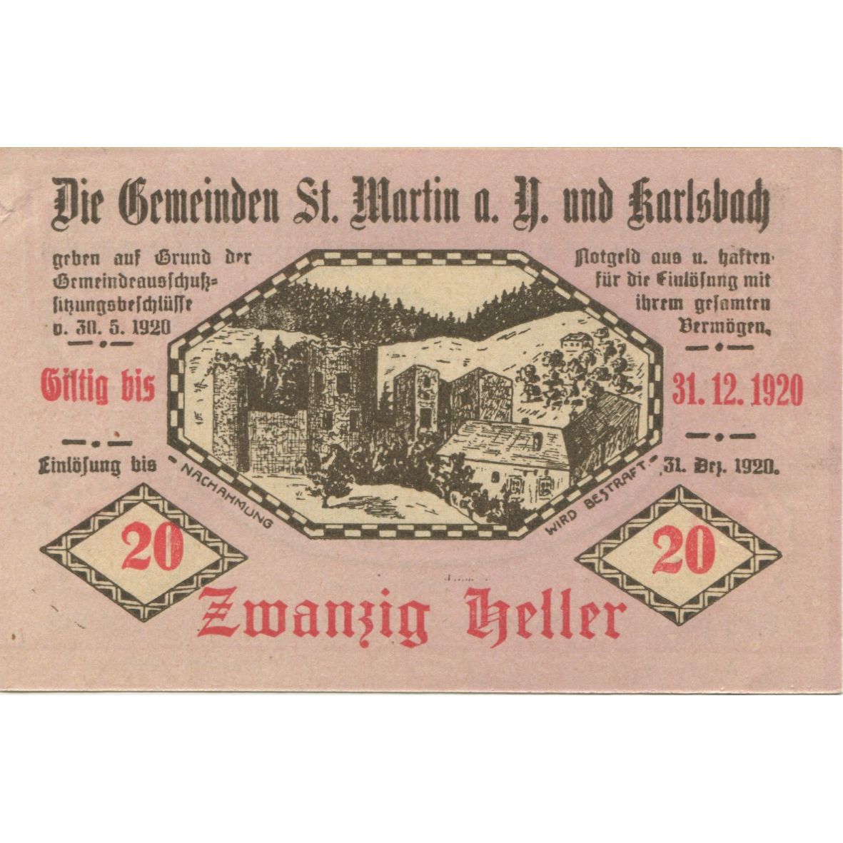 Billete, Austria, Karlsbach, 20 Heller, château 1920-12-31, SC, Mehl:FS 913a