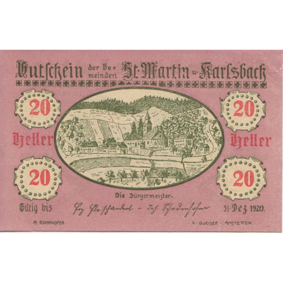 Billete, Austria, Karlsbach, 20 Heller, château 1920-12-31, SC, Mehl:FS 913a