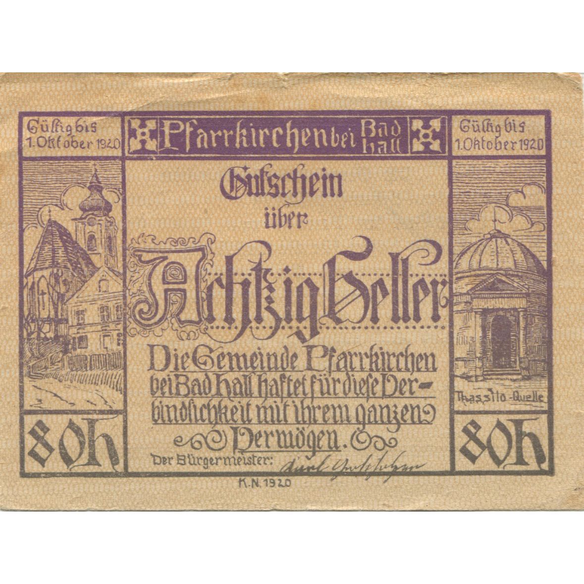 Billete, Austria, Pfarrkirchen, 80 Heller, Eglise, 1920 SC, Mehl:FS 743b