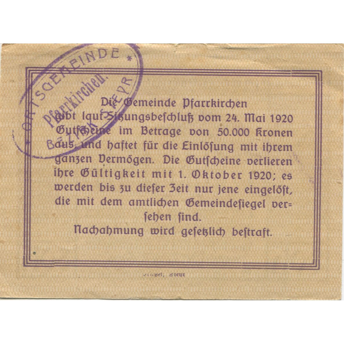 Billete, Austria, Pfarrkirchen, 80 Heller, Eglise, 1920 SC, Mehl:FS 743b