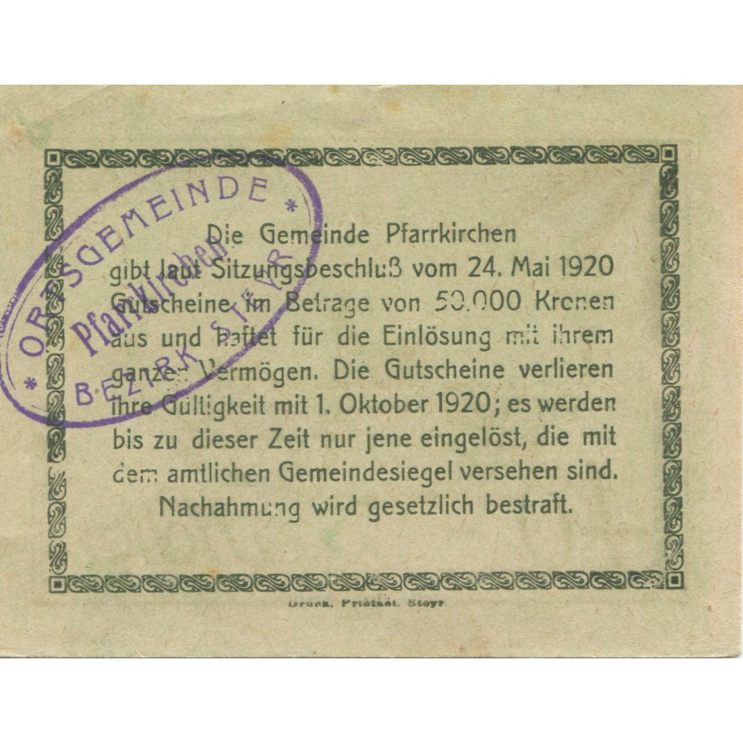 Billete, Austria, Pfarrkirchen, 40 Heller, Eglise 1920-10-01, SC, Mehl:FS 743a