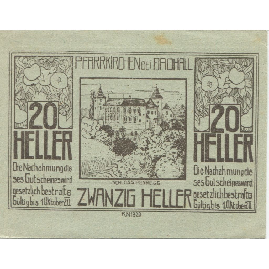 Billete, Austria, Pfarrkirchen, 20 Heller, château, 1920 SC Mehl:FS 743b