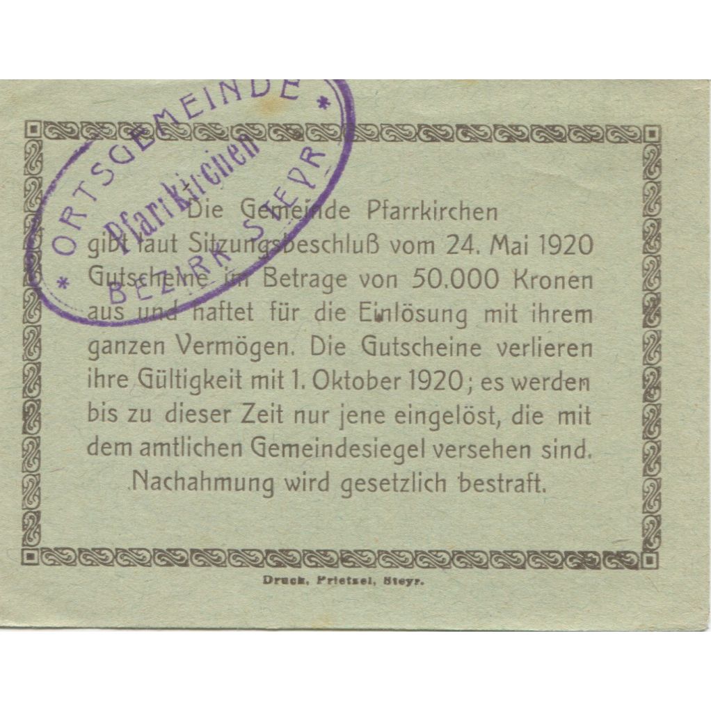 Billete, Austria, Pfarrkirchen, 20 Heller, château, 1920 SC Mehl:FS 743b