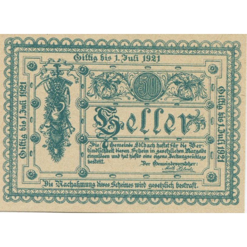 Billete, Austria, edlbach, 50 Heller, Texte, 1921, 1921-07-01, SC, Mehl:FS 150a