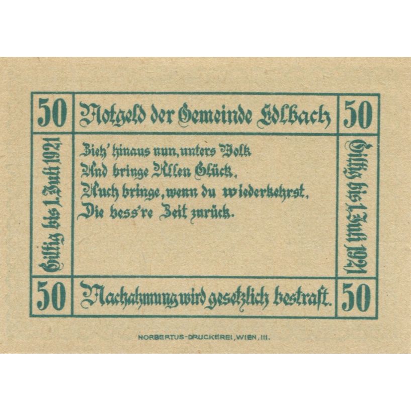 Billete, Austria, edlbach, 50 Heller, Texte, 1921, 1921-07-01, SC, Mehl:FS 150a