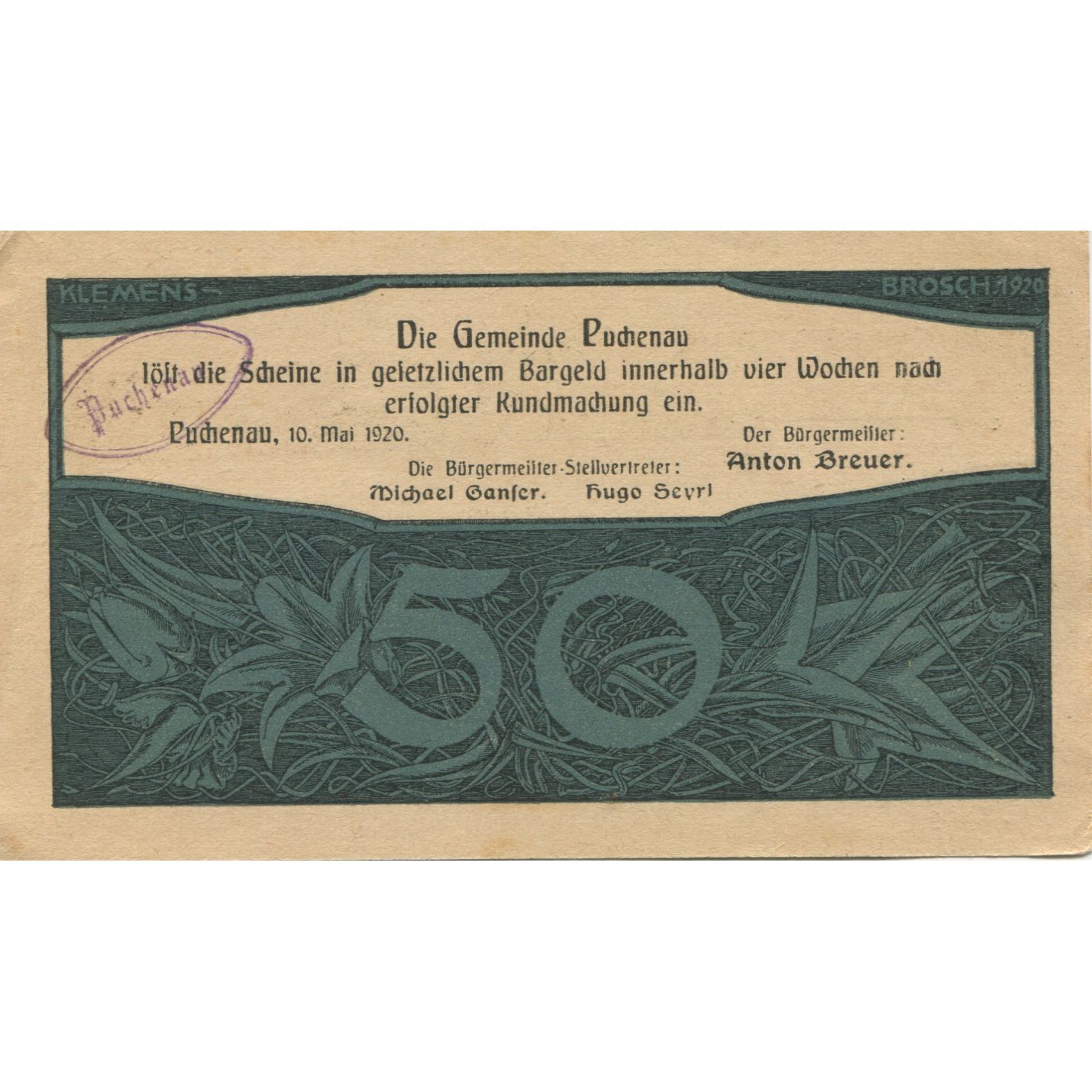 Billete, Austria, Puchenau, 50 Heller, fleuve, 1920, EBC, Mehl:FS 788IIb
