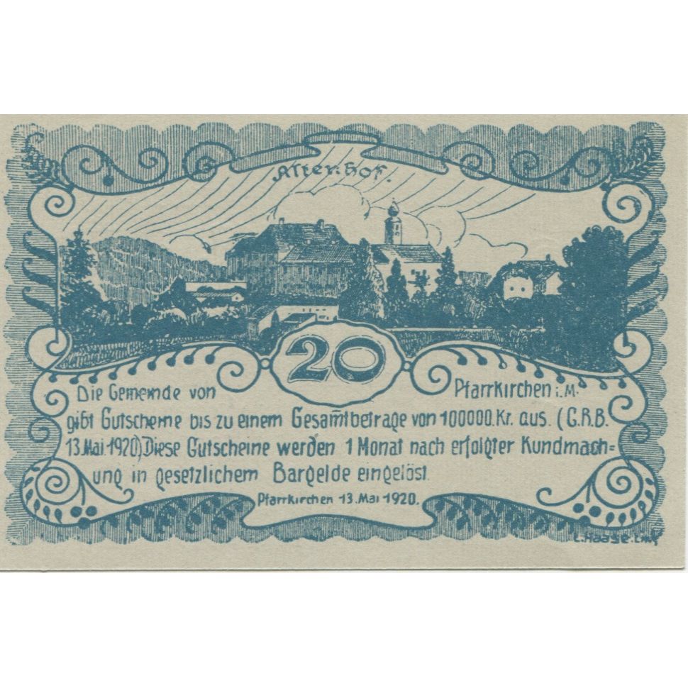 Billete, Austria, Pfarrkirchen, 20 Heller, Eglise 1920-10-01, SC Mehl:FS 743b