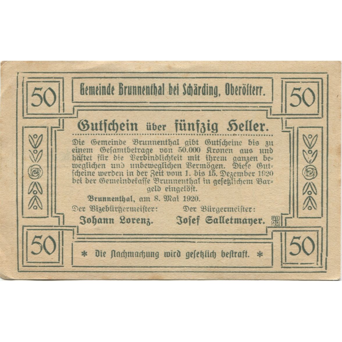 Billete, Austria, Schärding, 50 Heller, paysage 1920-09-30, EBC Mehl:FS 951I