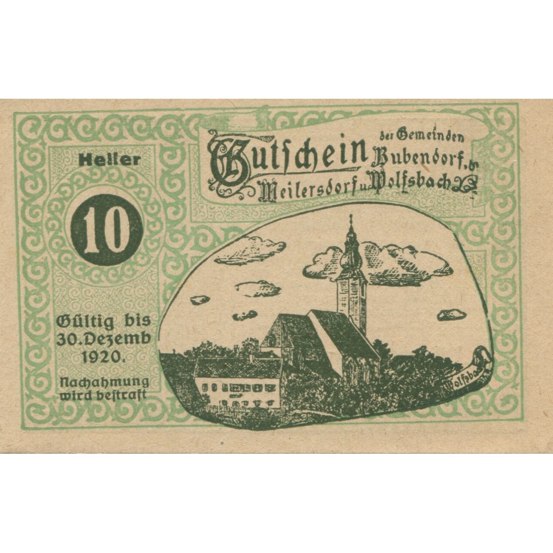 Billete, Austria, Bubendorf, 10 Heller, château 1920-12-30, SC Mehl:FS 112e