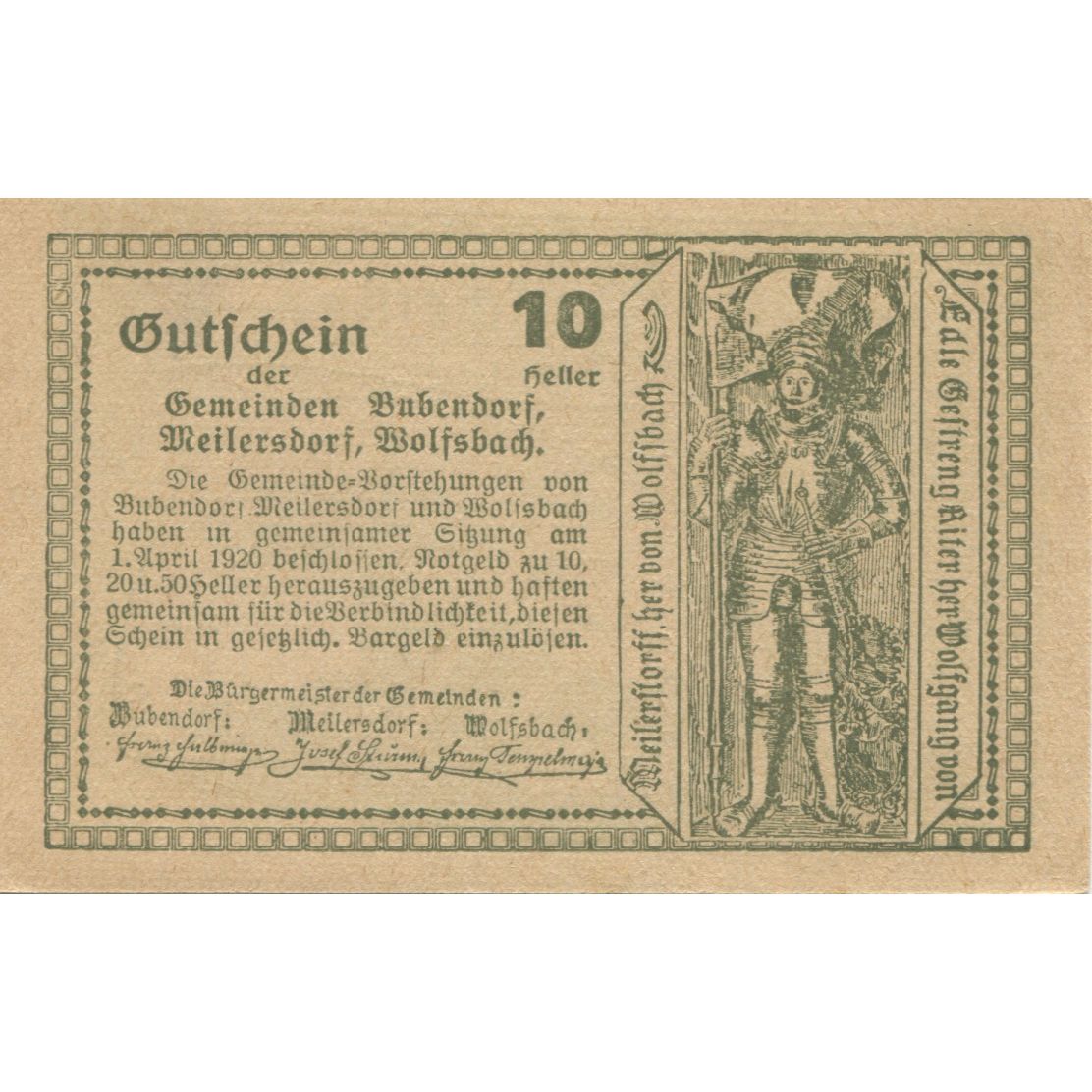 Billete, Austria, Bubendorf, 10 Heller, château 1920-12-30, SC Mehl:FS 112e