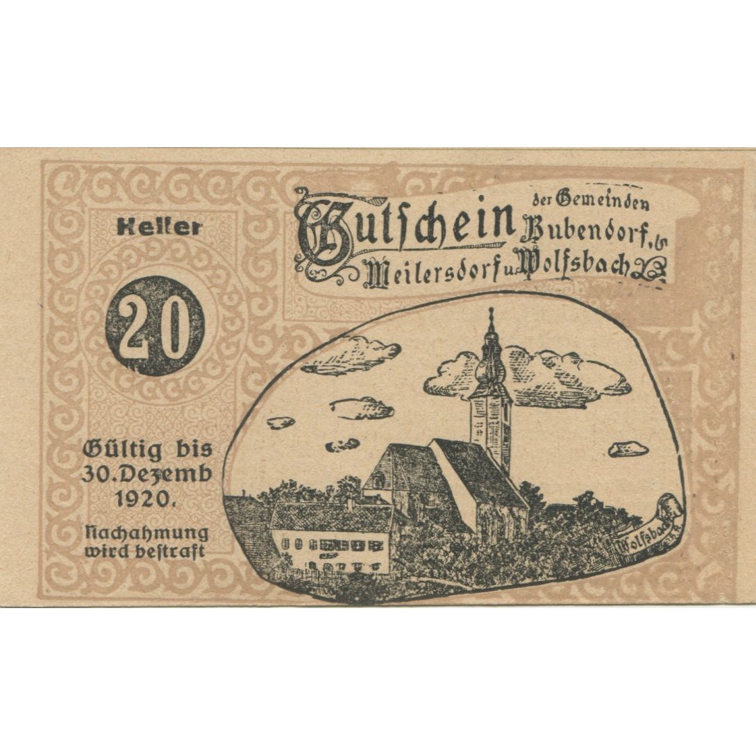 Billete, Austria, Bubendorf, 20 Heller, Eglise 1920-12-30, SC Mehl:FS 112e