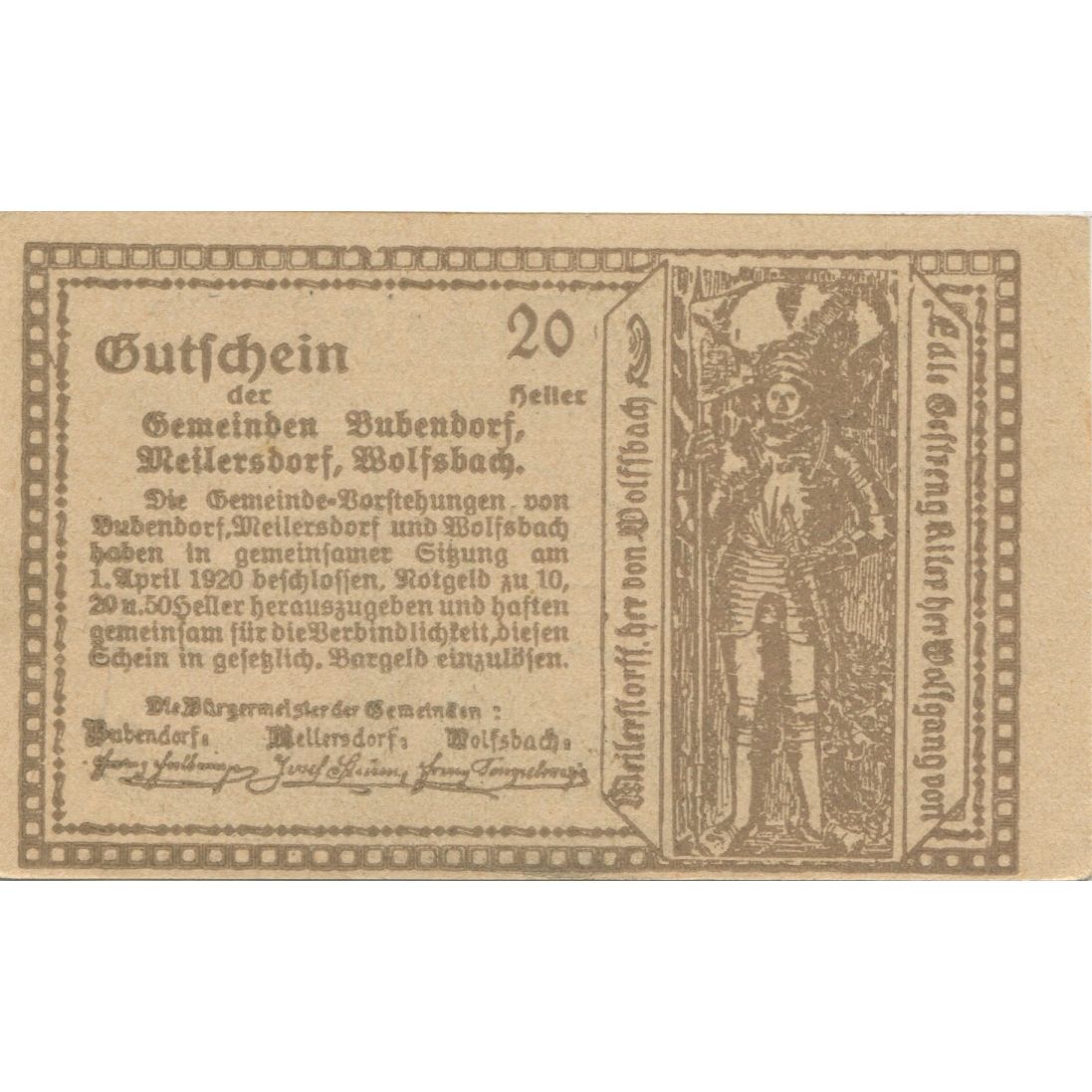 Billete, Austria, Bubendorf, 20 Heller, Eglise 1920-12-30, SC Mehl:FS 112e