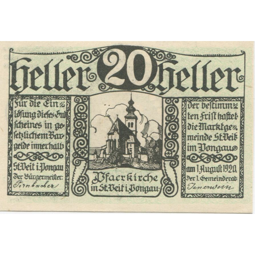 Billete, Austria, St Veit, 20 Heller, Eglise, 1920, 1920-12-31, SC, Mehl:FS 944a