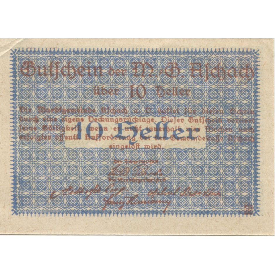 Billete, Austria, Aschach, 10 Heller, Blason, 1920, SC, Mehl:FS 53IIb20
