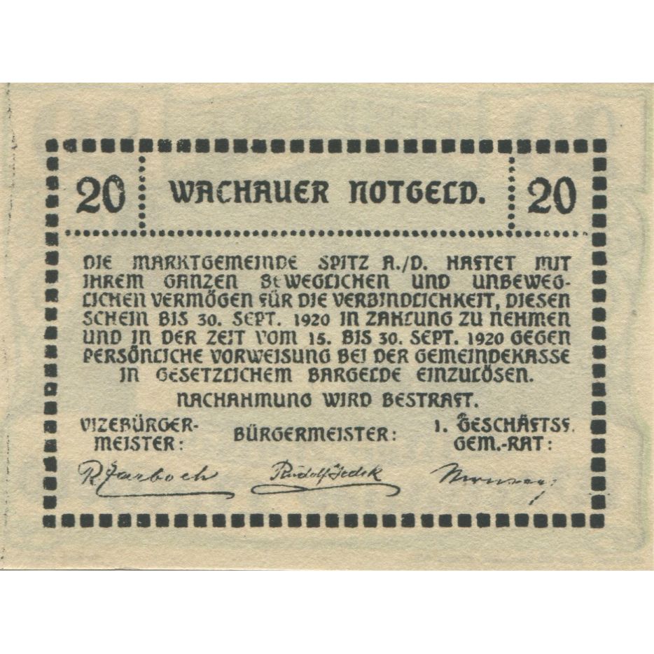Billete, Austria, Wachauer, 20 Heller, fleuve 1920-09-30, SC Mehl:FS 1122