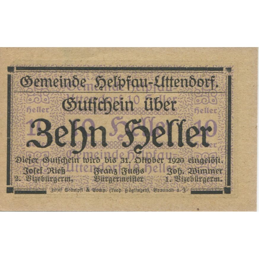 Billete, Austria, Helpfau-Uttendorf, 10 Heller, paysage, 1920 SC Mehl:FS 365Ib