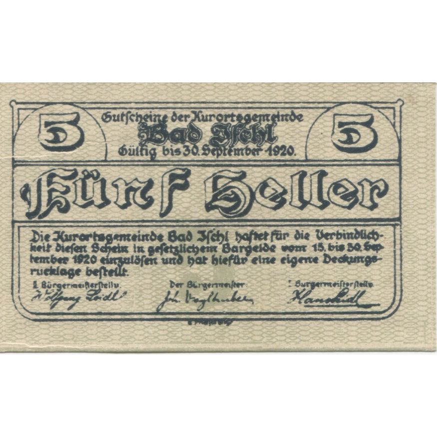 Billete, Austria, Bad Ischl, 5 Heller, Texte, 1920, 1920-12-31, SC, Mehl:FS 77a