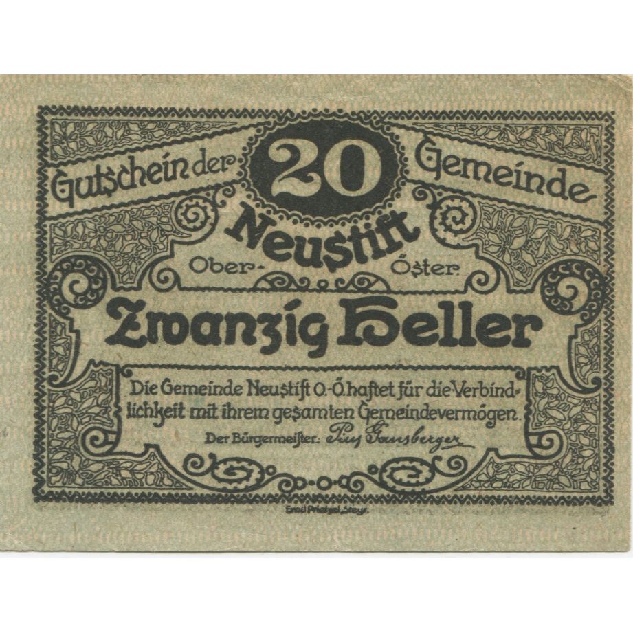 Billete, Austria, Neustift, 20 Heller, village 1920-10-31, SC Mehl:FS 666ax