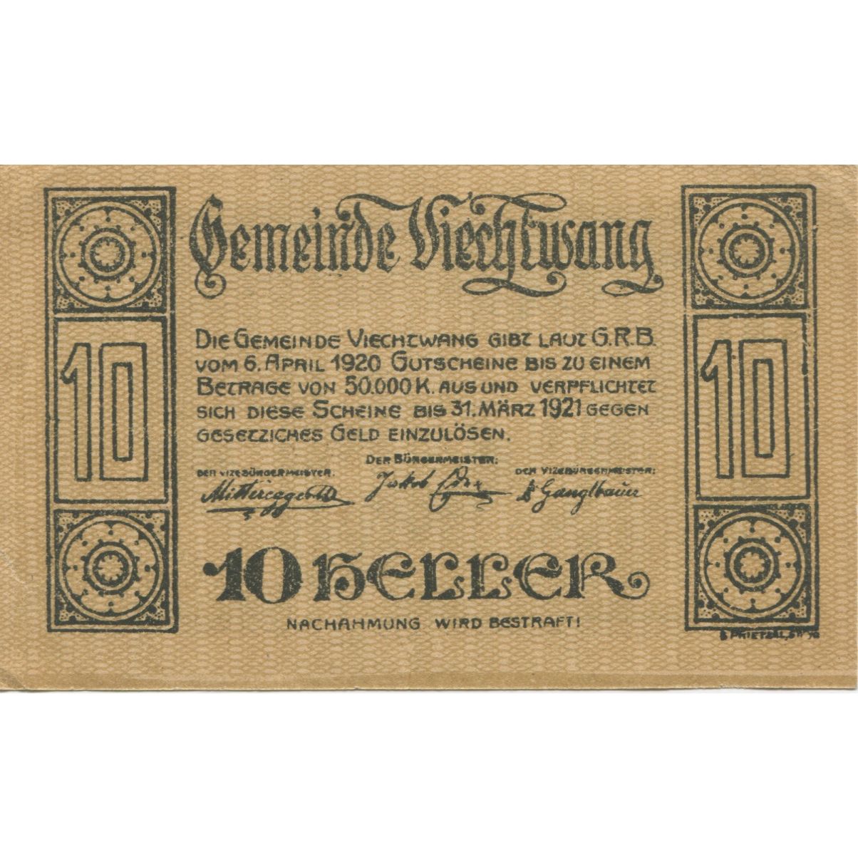 Billete, Austria, Viechtwang, 10 Heller, personnage, 1921 SC Mehl:FS 1109