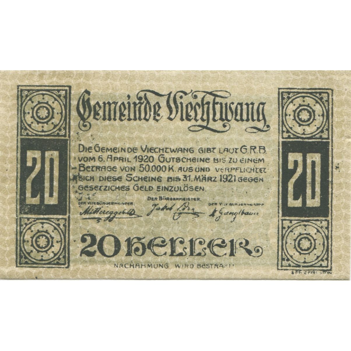 Billete, Austria, Viechtwang, 20 Heller, Eglise, 1921 SC, Mehl:FS 1109
