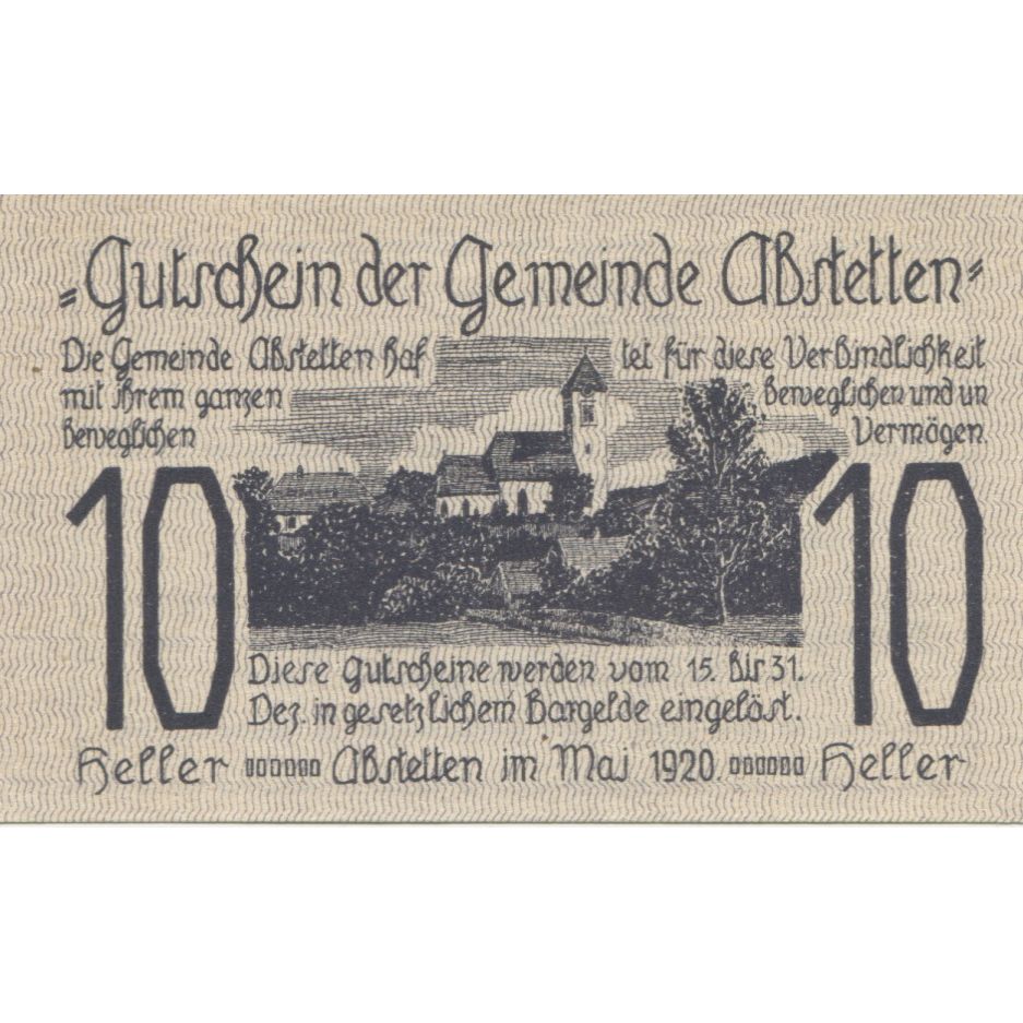 Billete, Austria, Abstetten, 10 Heller, Eglise, 1920, 1920-12-31, SC, Mehl:FS 2a
