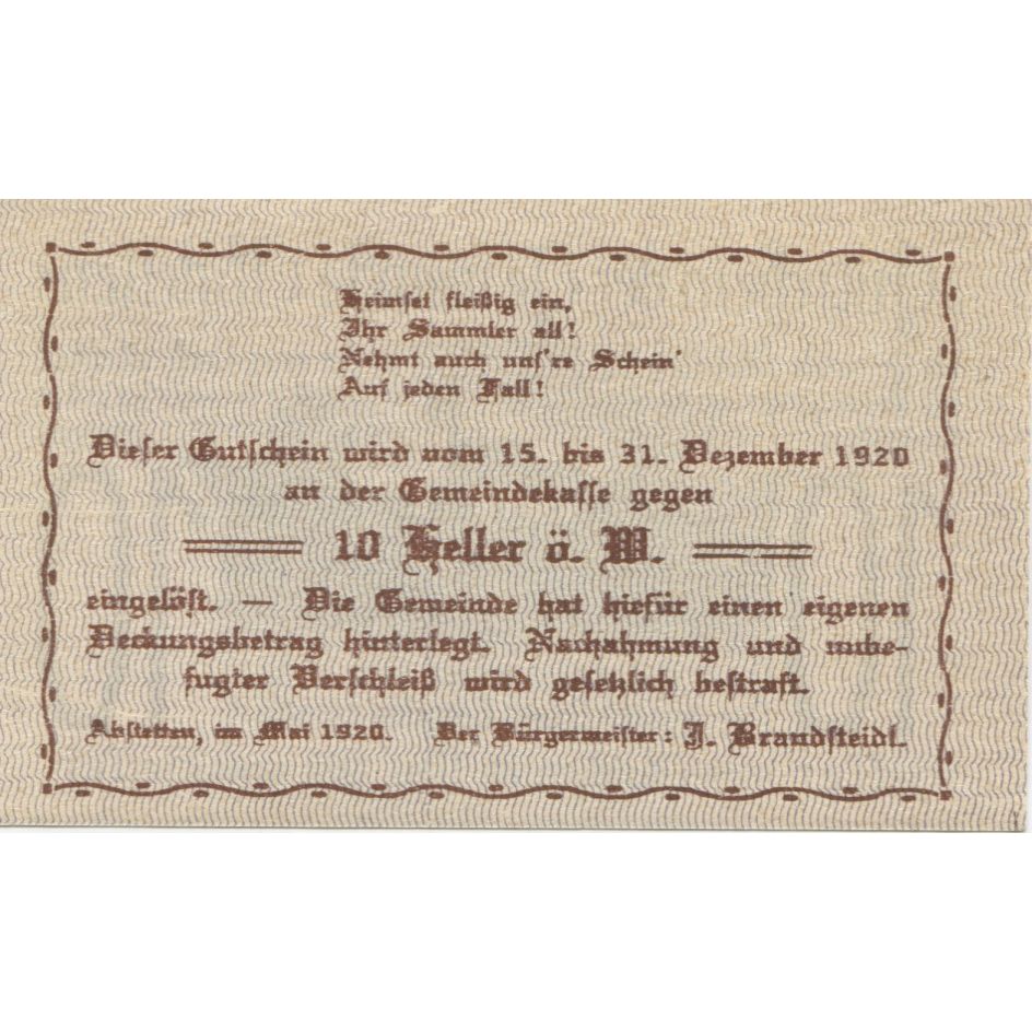 Billete, Austria, Abstetten, 10 Heller, Eglise, 1920, 1920-12-31, SC, Mehl:FS 2a