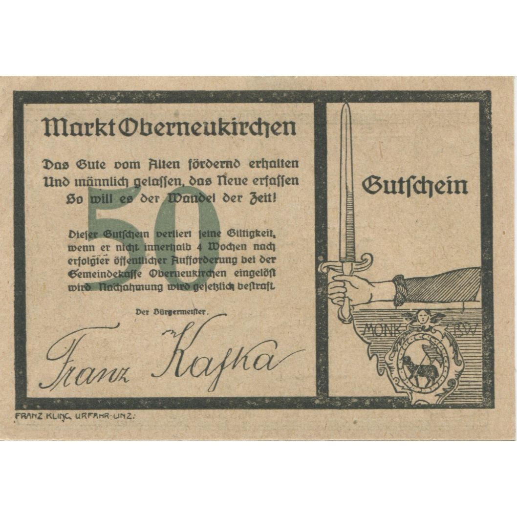 Billete, Austria, Oberneukirchen, 50 Heller, épée, 1920, SC, Mehl:FS 691b