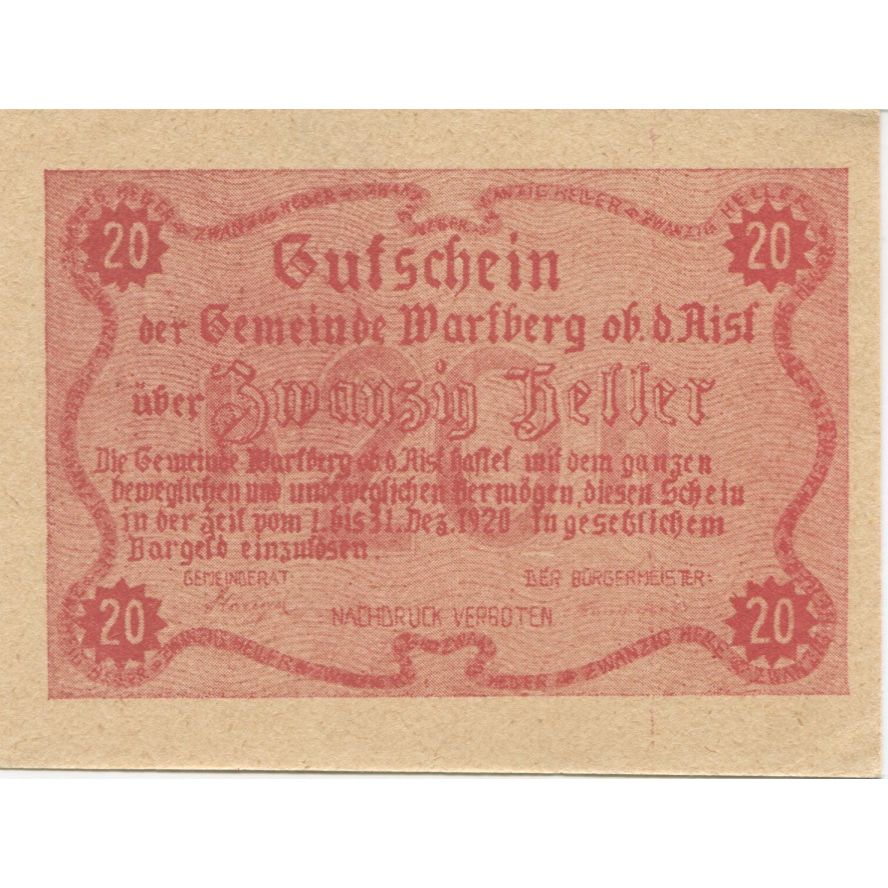 Billete, Austria, Warlberg, 20 Heller, Texte 1920-12-31, SC Mehl:FS 1142a