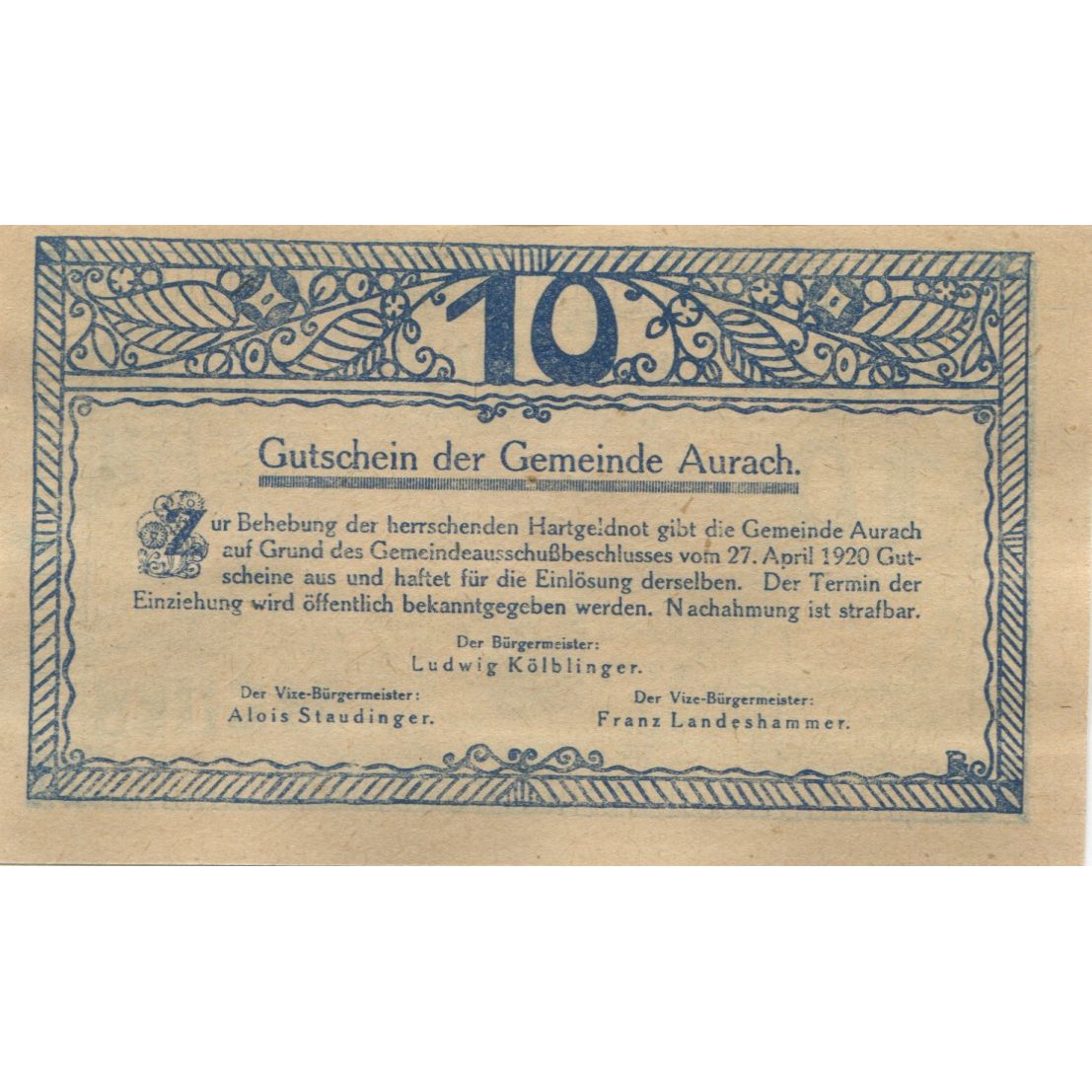 Billete, Austria, Aurach, 10 Heller, village 1920-04-27, SC, Mehl:FS 68a