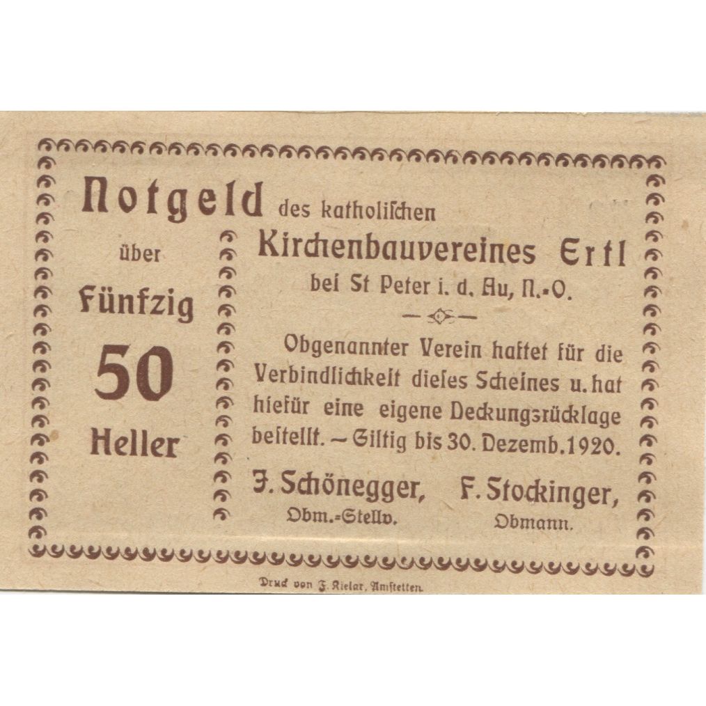 Billete, Austria, Ertl, 50 Heller, Eglise, 1920, 1920-12-30, SC, Mehl:FS 185b