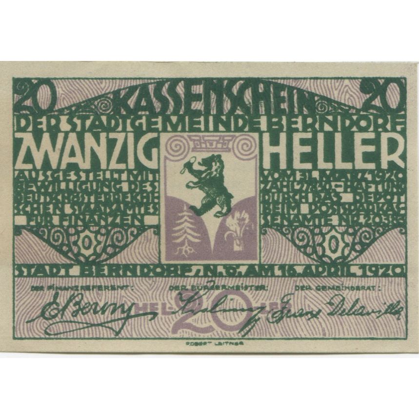 Billete, Austria, Berndorf, 20 Heller, Lion, 1920, 1920-12-31, SC, Mehl:FS 83a
