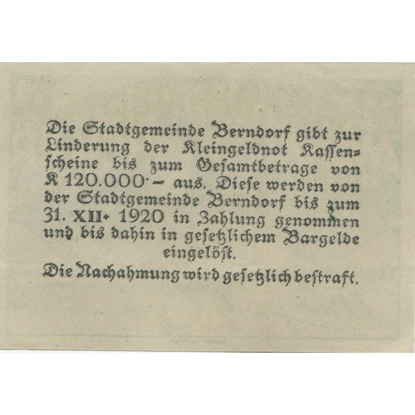 Billete, Austria, Berndorf, 20 Heller, Lion, 1920, 1920-12-31, SC, Mehl:FS 83a