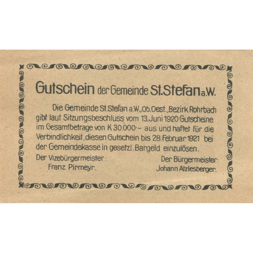 Billete, Austria, St Stefan, 20 Heller, Eglise 1921-02-28, SC, Mehl:FS 937b