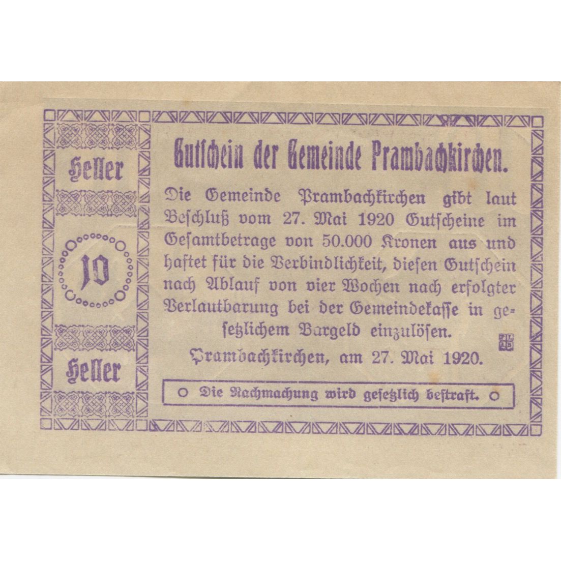 Billete, Austria, Prambachkirchen, 10 Heller, Eglise, 1920, SC, Mehl:FS 779a