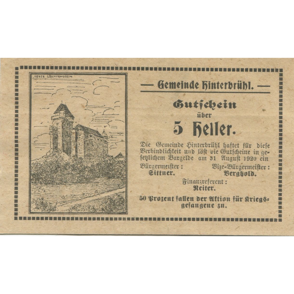 Billete, Austria, Hinterbrühl, 5 Heller, château, 1920 SC Mehl:FS 376IIIc
