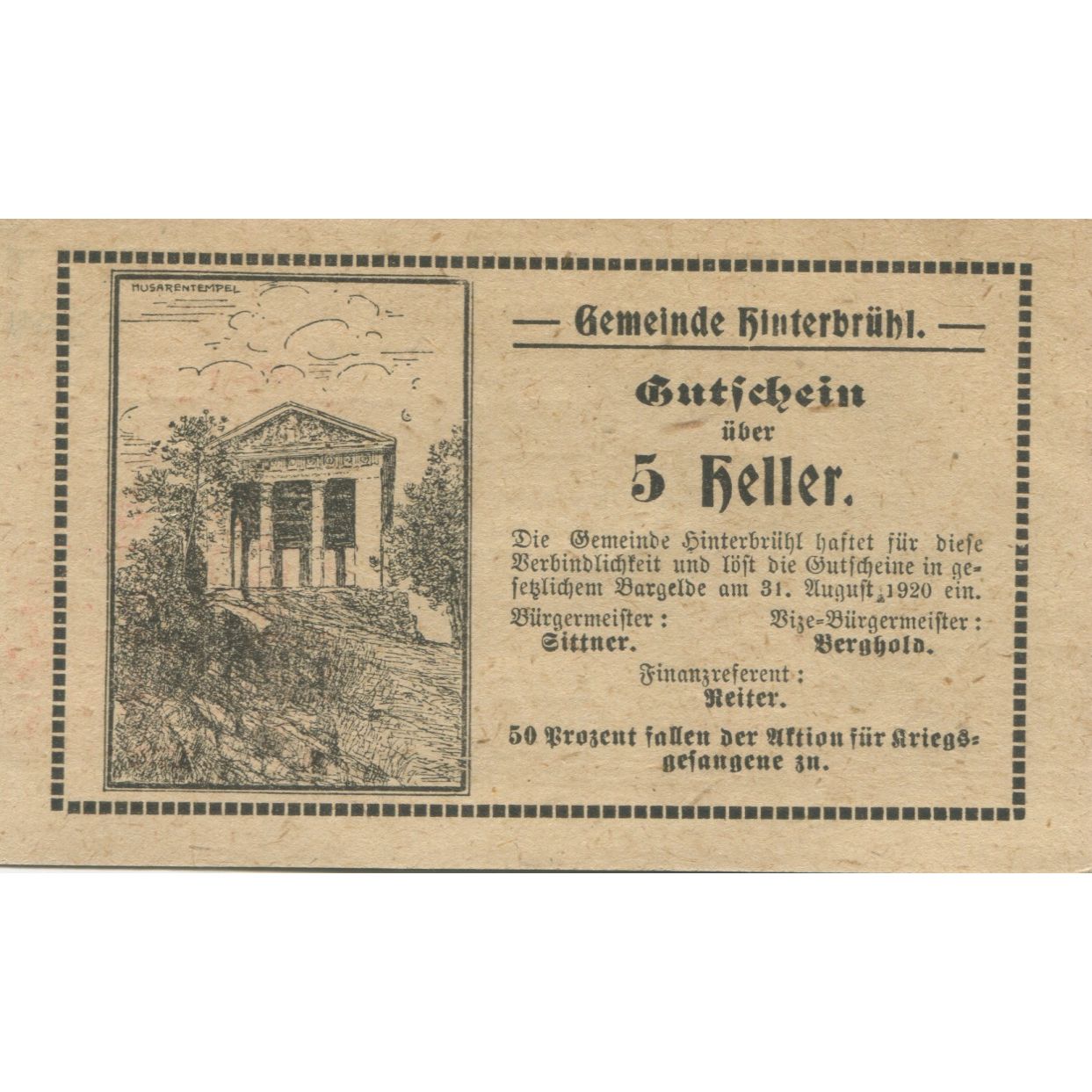 Billete, Austria, Hinterbrühl, 5 Heller, Monument 1920-08-31, SC Mehl:FS 376IIIc