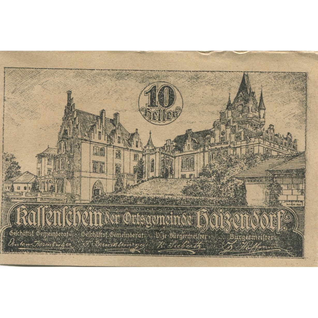 Billete, Austria, Haizendorf, 10 Heller, château 1920-12-31, EBC Mehl:FS 341Ib