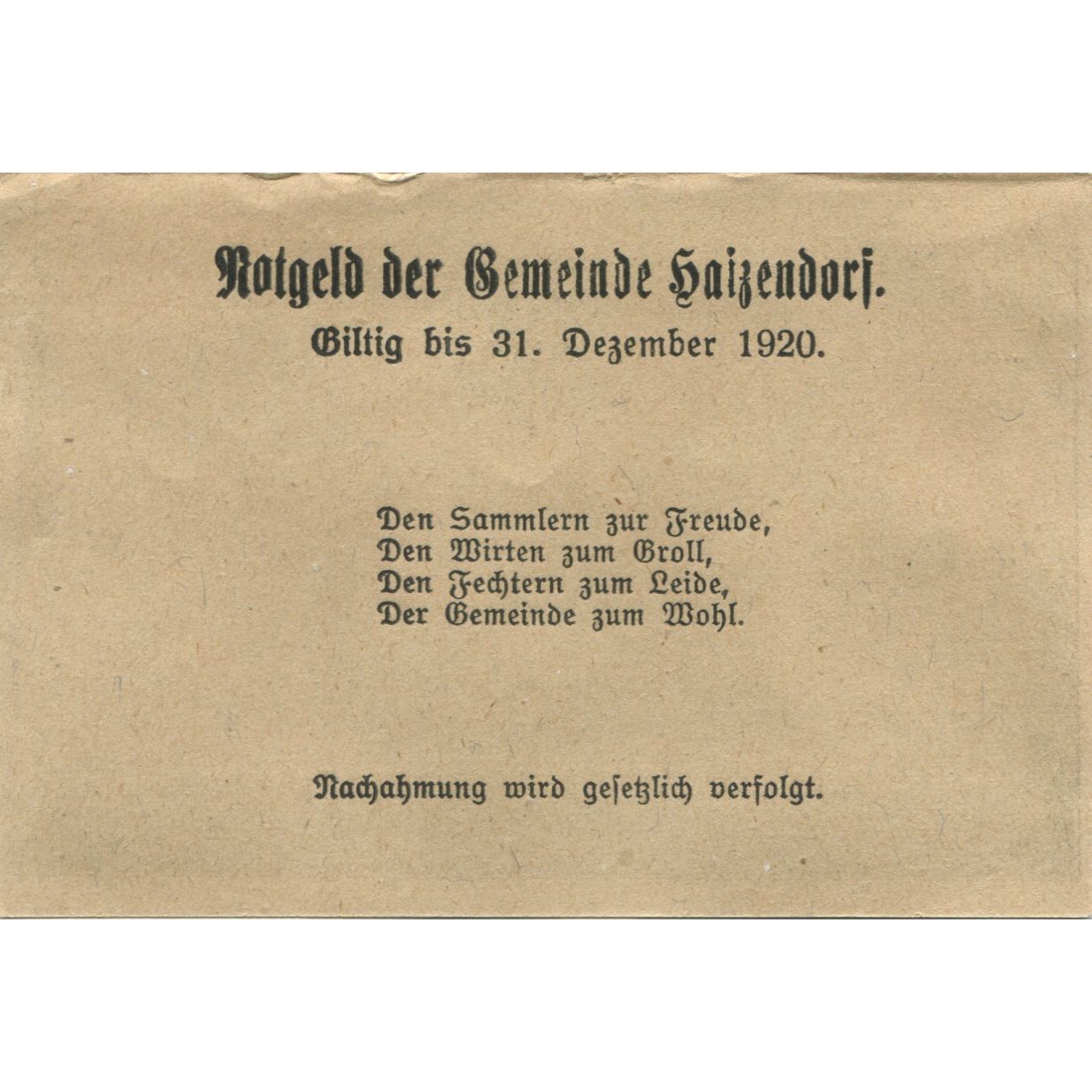 Billete, Austria, Haizendorf, 10 Heller, château 1920-12-31, EBC Mehl:FS 341Ib