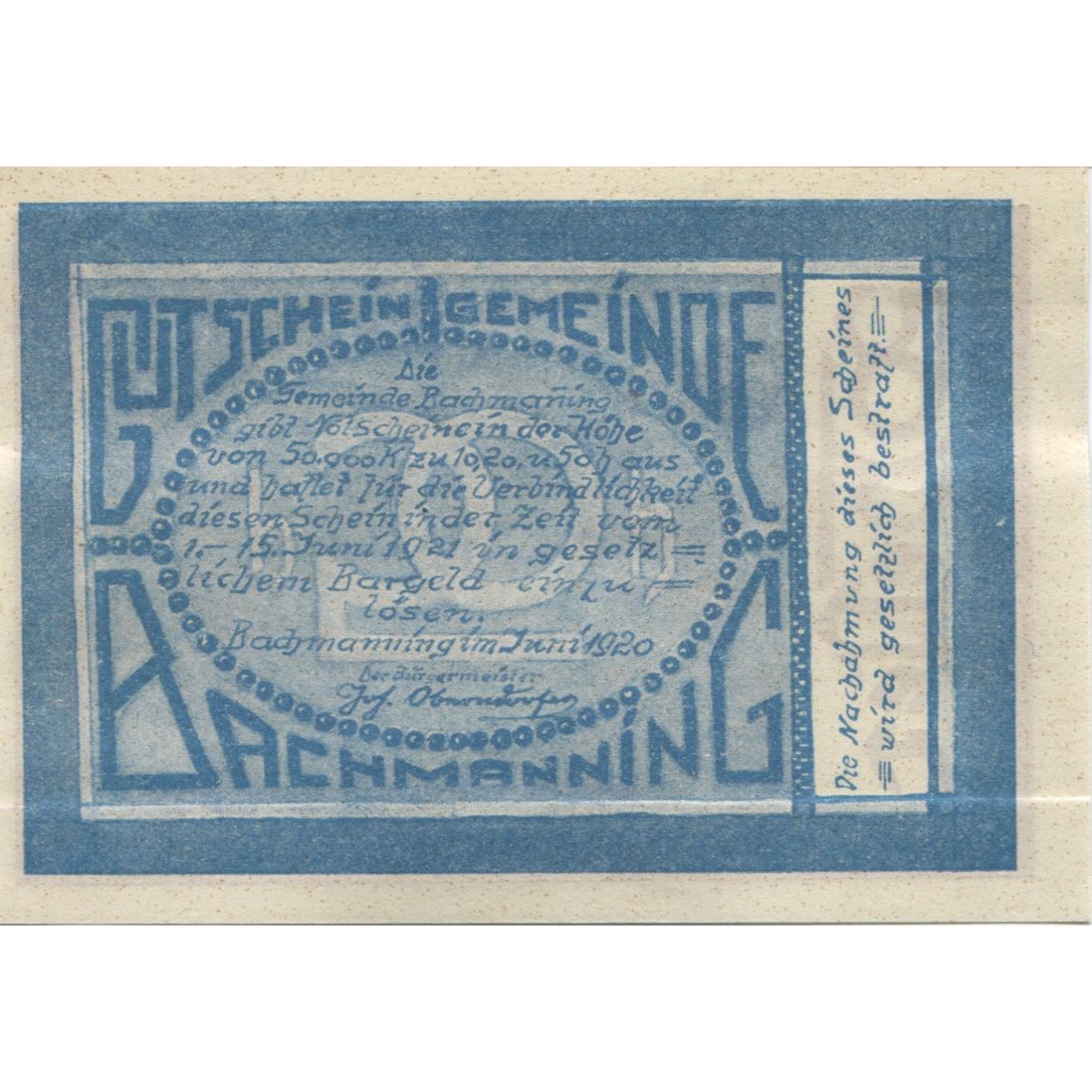 Billete, Austria, Bachmanning, 20 Heller, champs 1921-06-15, SC, Mehl:FS 72Ia