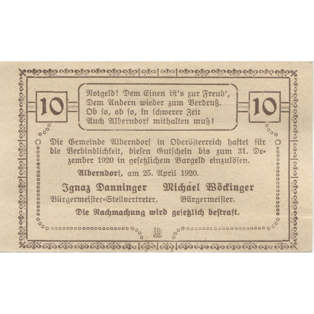 Billete, Austria, Alberndorf, 10 Heller, pont 1920-12-31, SC, Mehl:FS 17a1