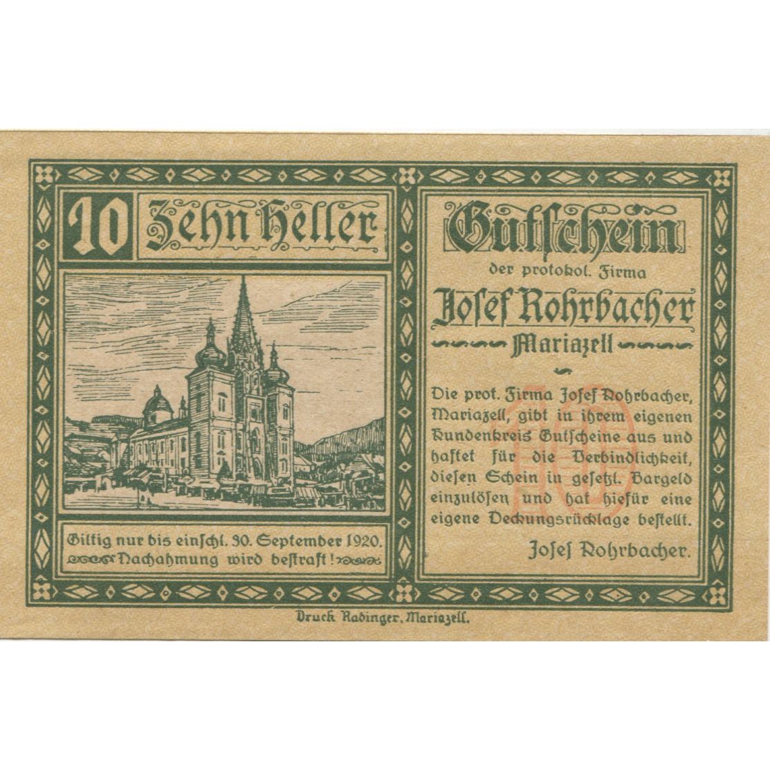 Billete, Austria, Rohrbach, 10 Heller, Eglise 1920-09-30, SC, Mehl:FS 591a