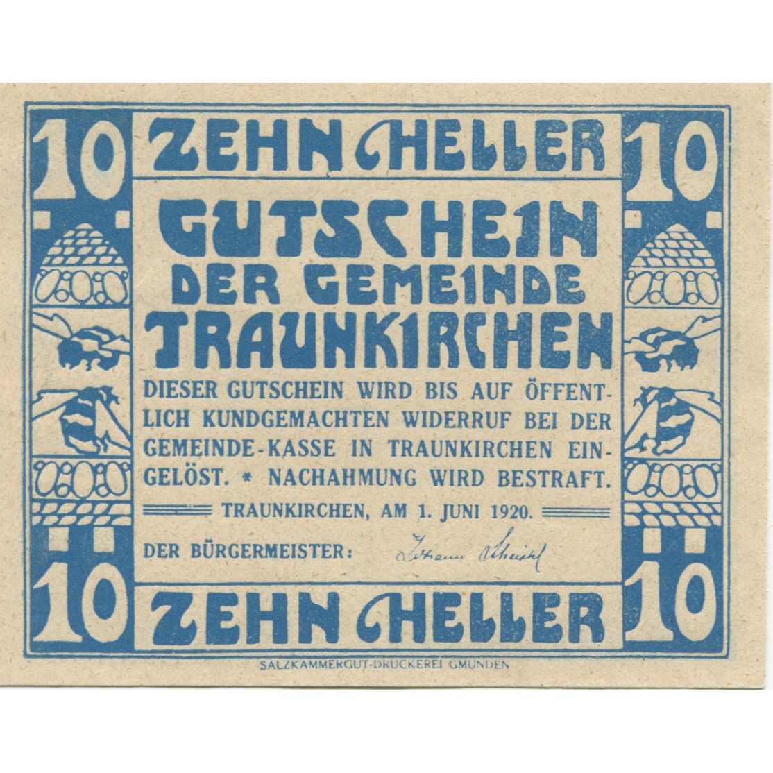 Billete, Austria, Traunkirchen, 10 Heller, voilier, 1920, SC, Mehl:FS 1081