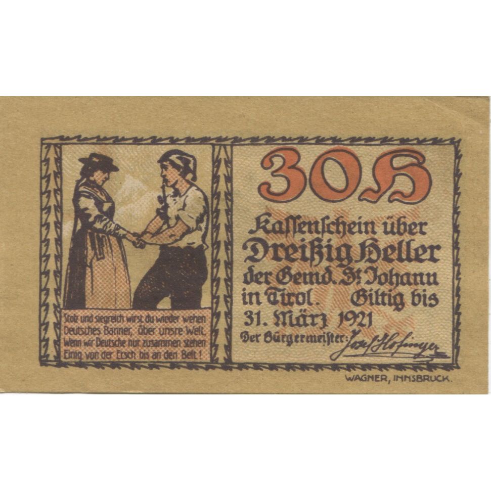Billete, Austria, St Johann, 30 Heller, personnage 1921-01-31, SC Mehl:FS 898a